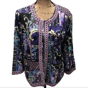 {Joan Rivers} Purple Paisley Type Printed Open Front Blazer
